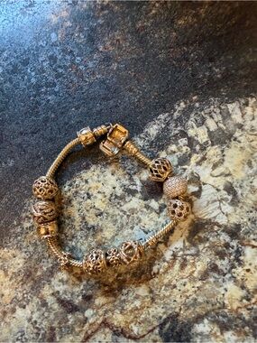Pandora yellow Gold Filigree Charm Bracelet with Pavé Bead